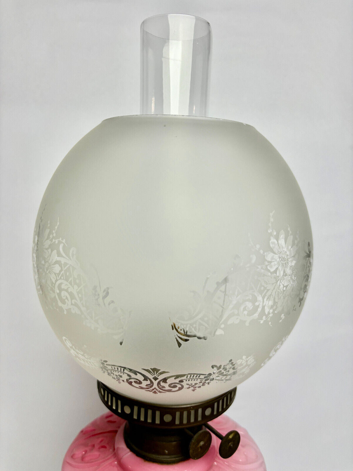 Tall Antique Victorian Glass Brass Oil Lamp Pink Painted Etched 55cm