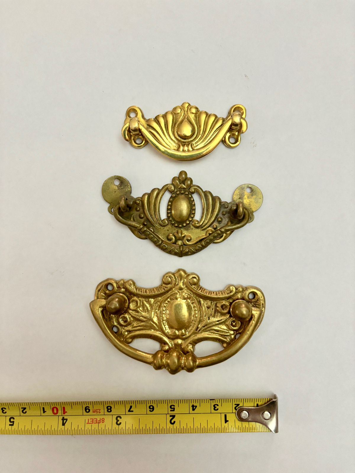 Three Antique Solid Brass Drawer Pull Handles