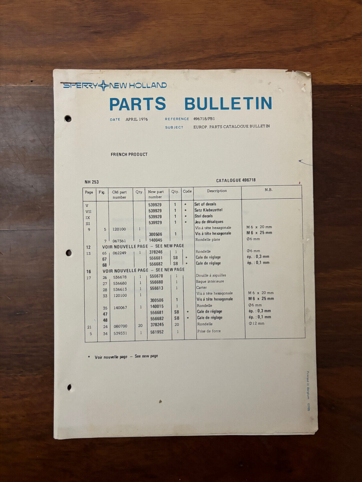 NEW HOLLAND Parts Bulletin April 1976 Europ French