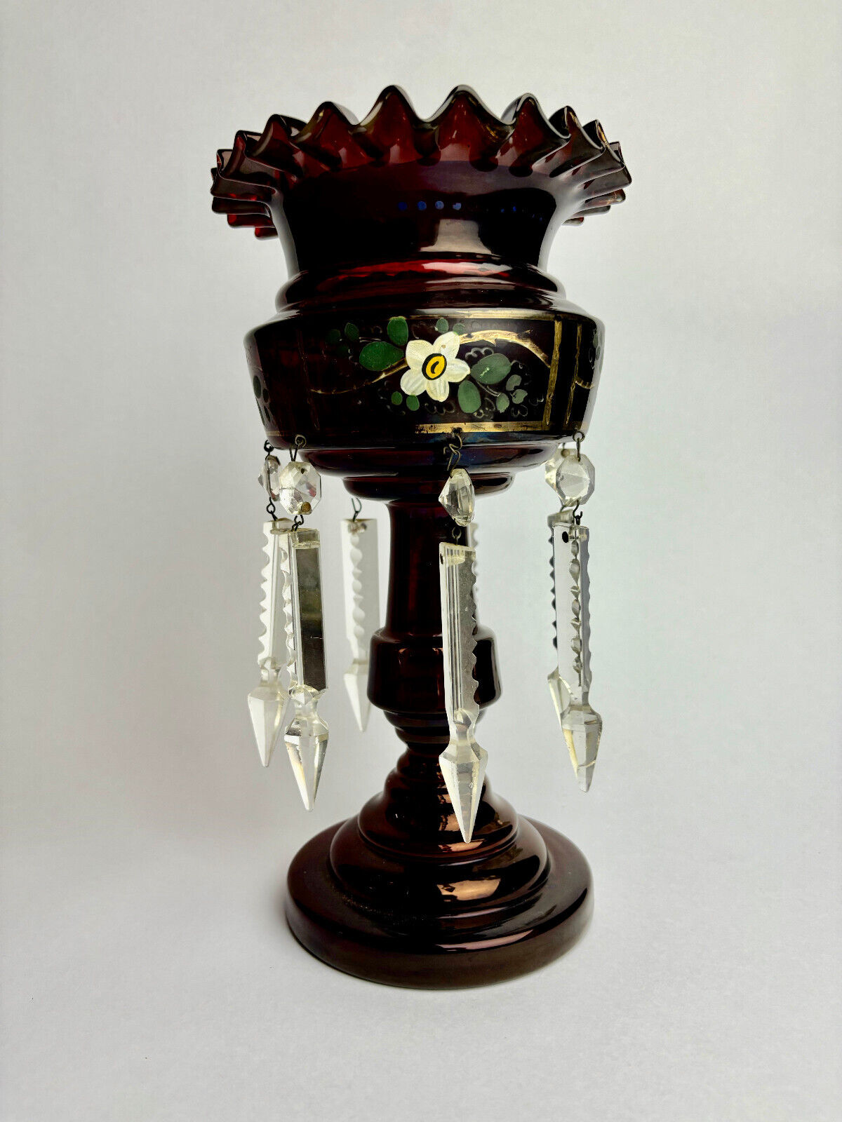 Antique Ruby Cranberry Glass Mantle Lustre with Droppers