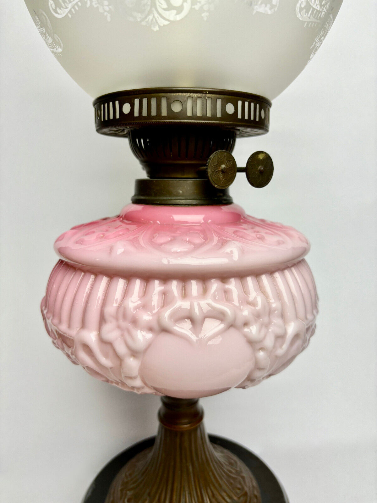 Tall Antique Victorian Glass Brass Oil Lamp Pink Painted Etched 55cm