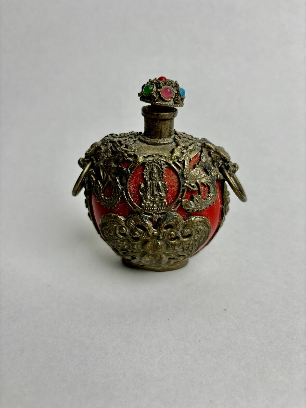 Antique Kwan-Yin Chinese Red Glazed Ceramic & Silver Applications Snuff Bottle