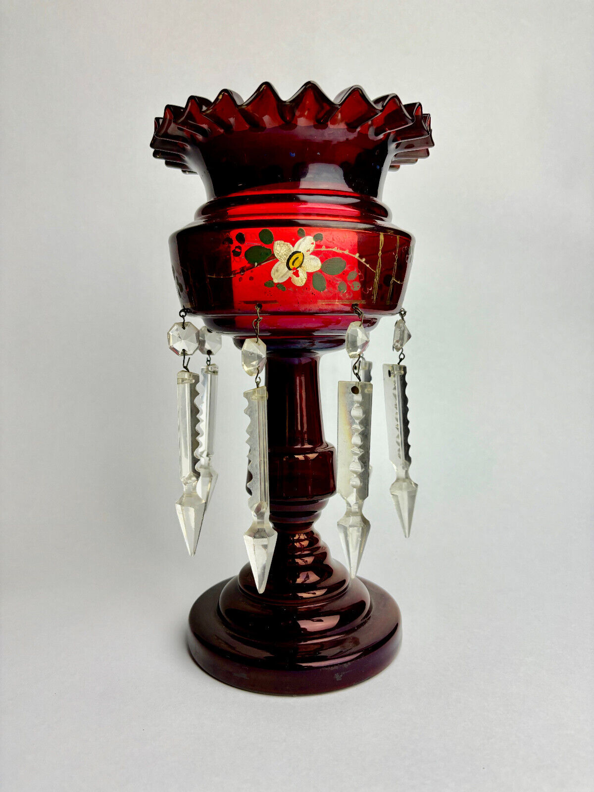 Antique Ruby Cranberry Glass Mantle Lustre with Droppers