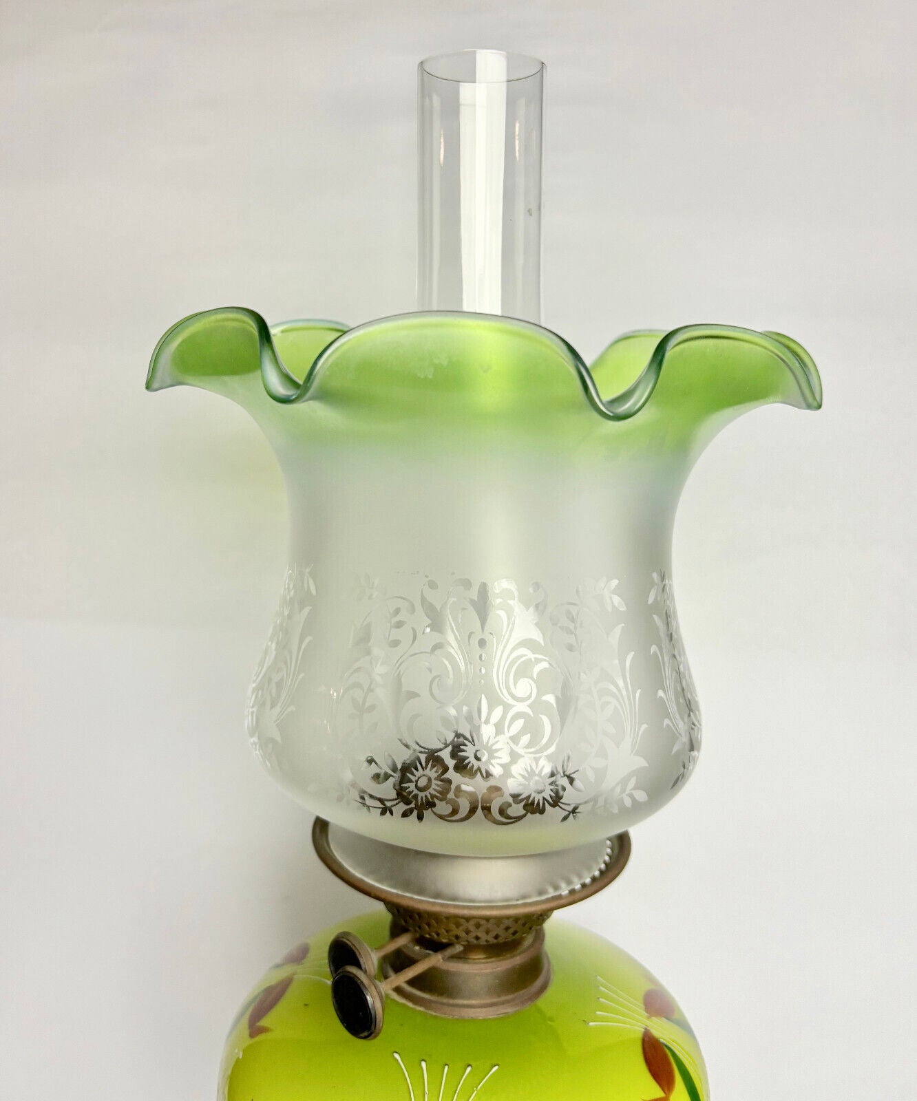 Tall Antique Victorian Glass Brass Oil Lamp Green Painted Etched 80cm