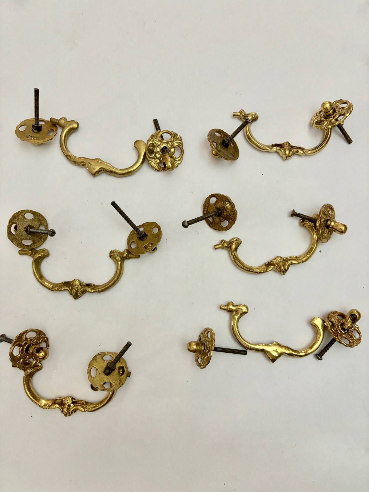 Set of Six Matching Antique Brass Drawer Pull Handle Complete Assemblies