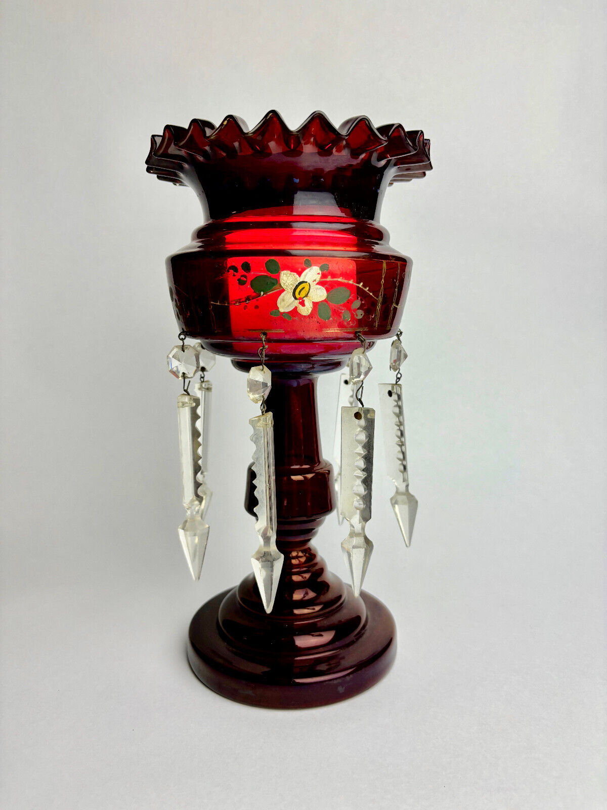 Antique Ruby Cranberry Glass Mantle Lustre with Droppers