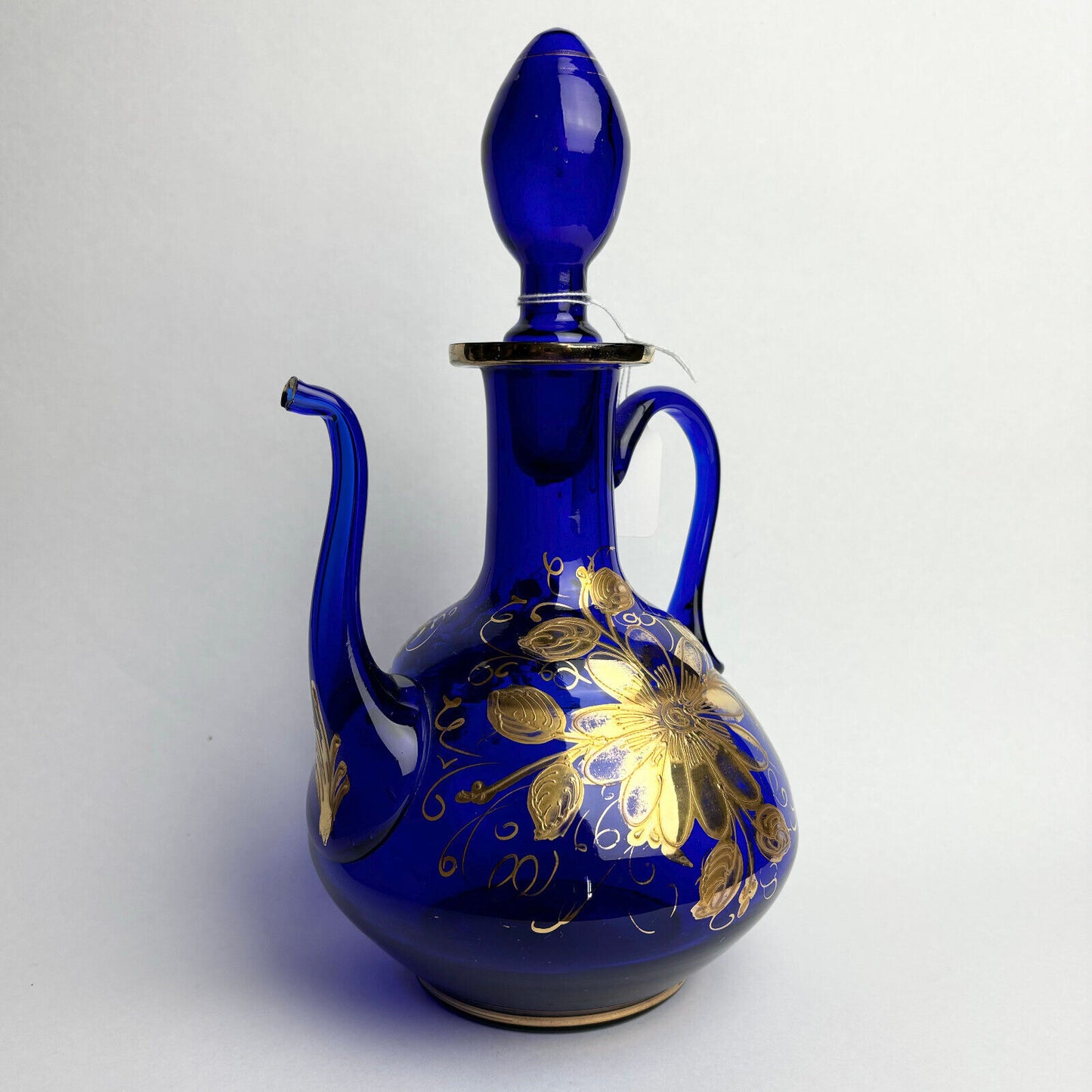 Bristol blue jug with gilt floral overlay (30cm tall)