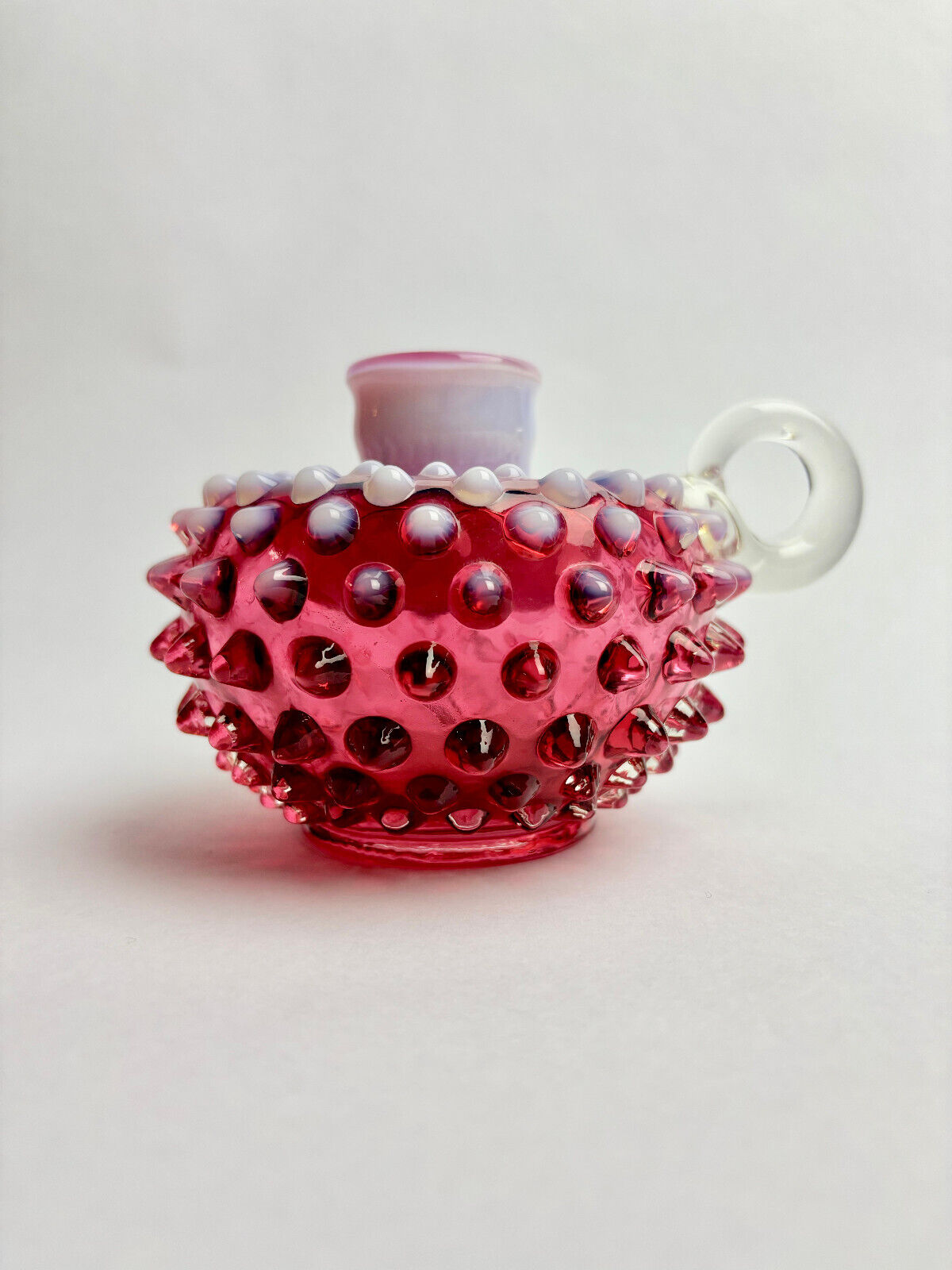 Pair of Fenton Cranberry Opalescent Hobnail Candlestick Holders (9cm tall)