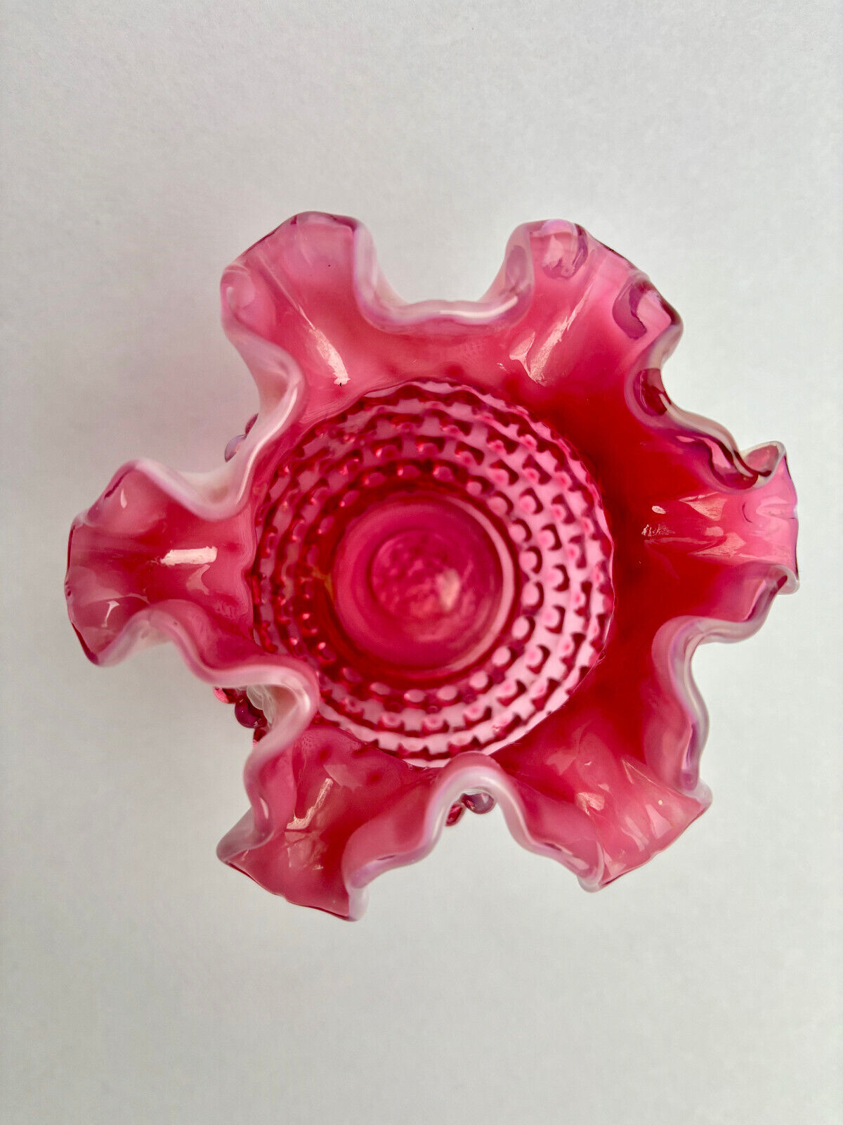 Fenton Cranberry Opalescent Hobnail Crimped Glass Vase (12cm tall)