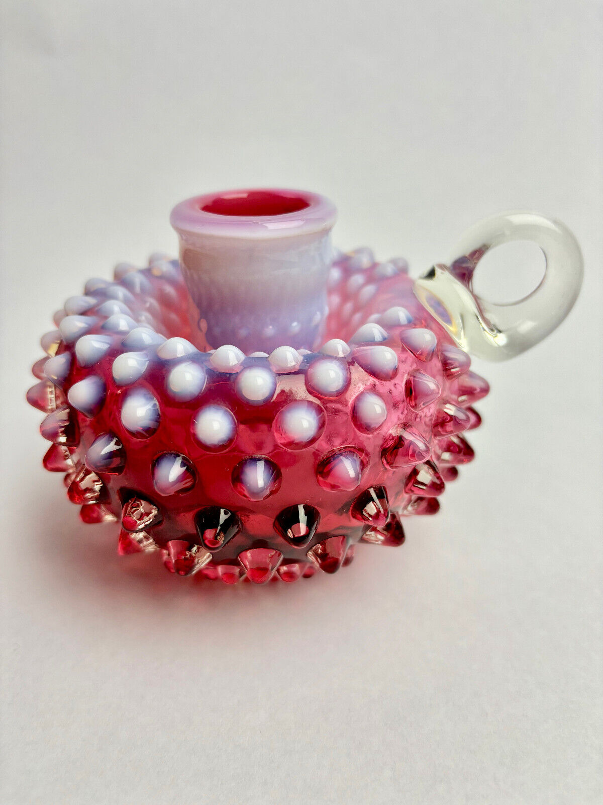 Pair of Fenton Cranberry Opalescent Hobnail Candlestick Holders (9cm tall)
