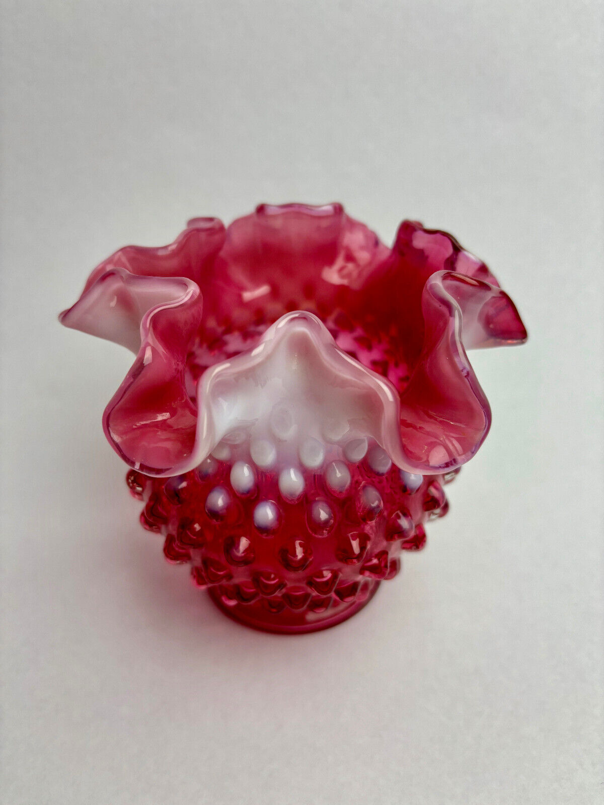 Fenton Cranberry Opalescent Hobnail Crimped Glass Vase (12cm tall)