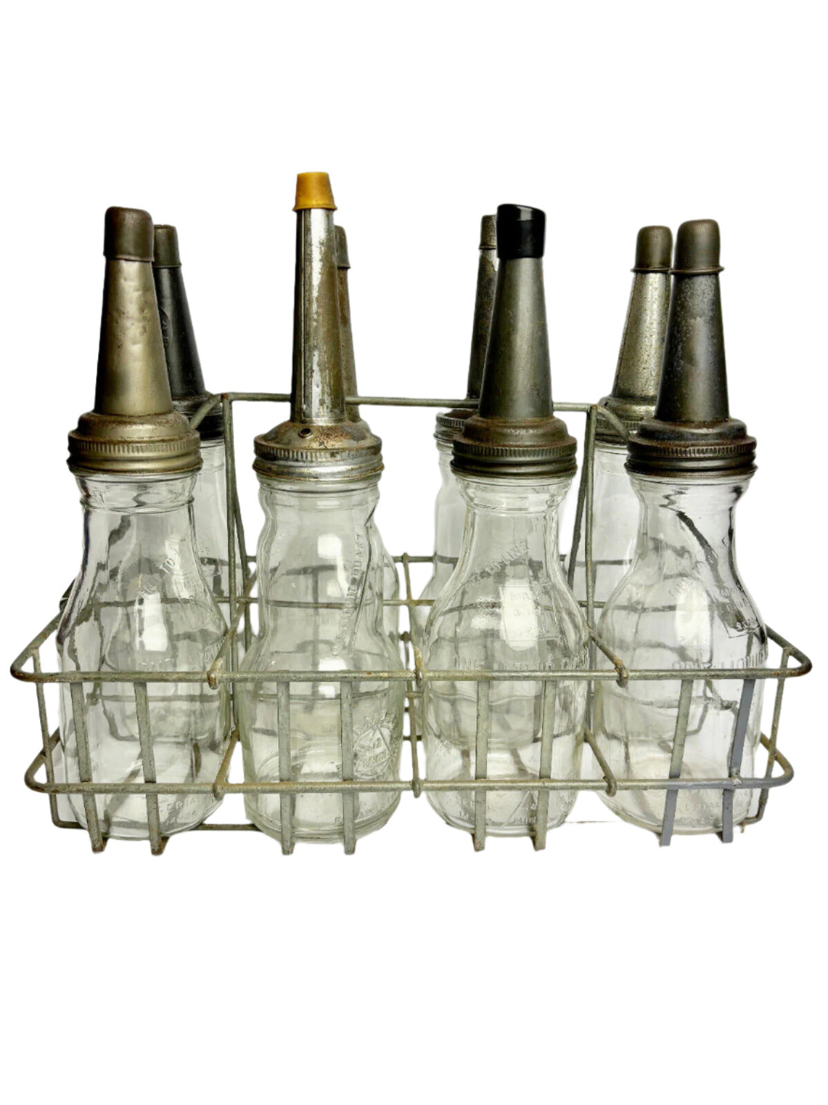 Vintage One Quart Eight Oil Bottle Rack Set Spout & Caps (non-matching)