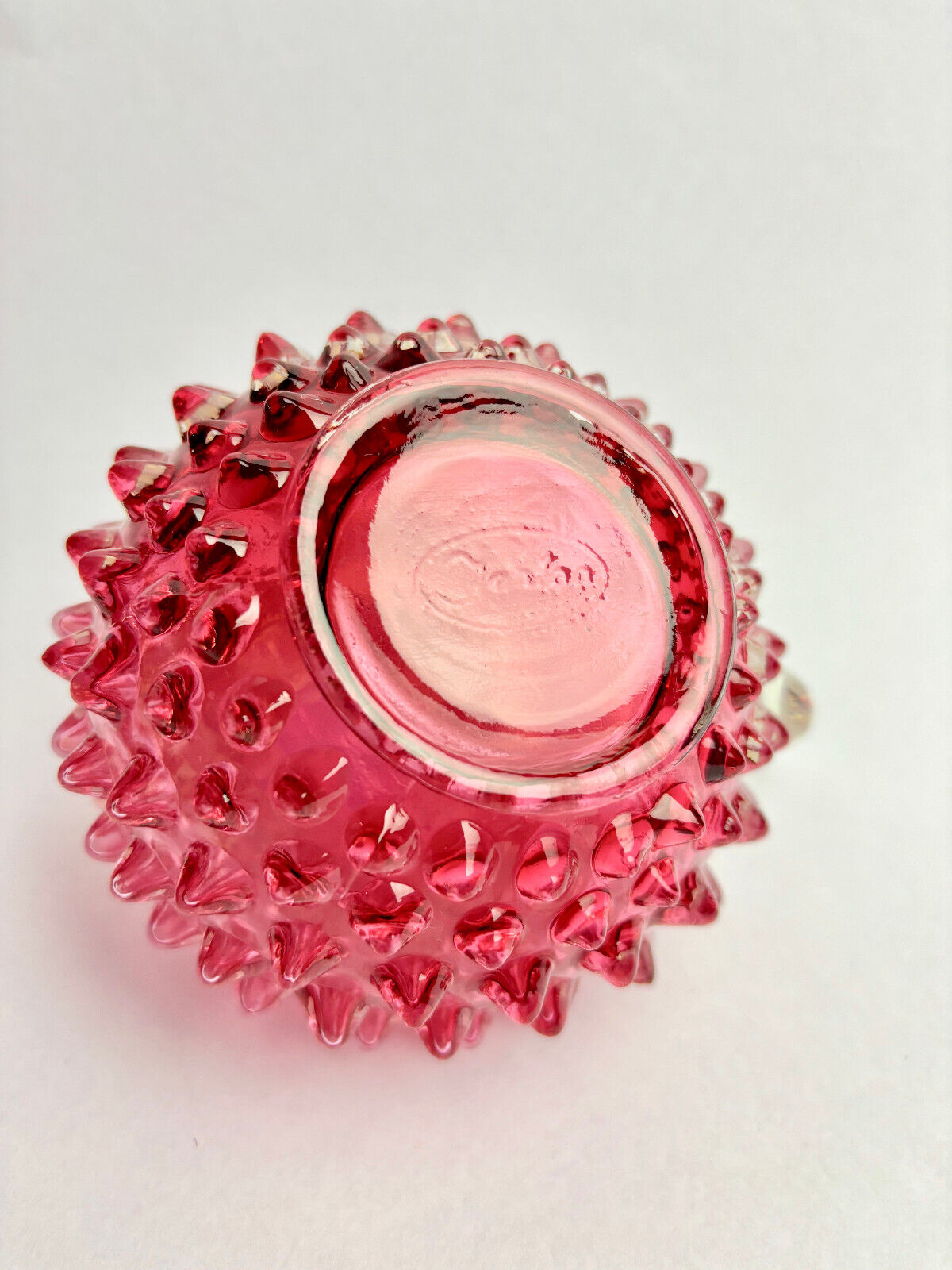 Pair of Fenton Cranberry Opalescent Hobnail Candlestick Holders (9cm tall)