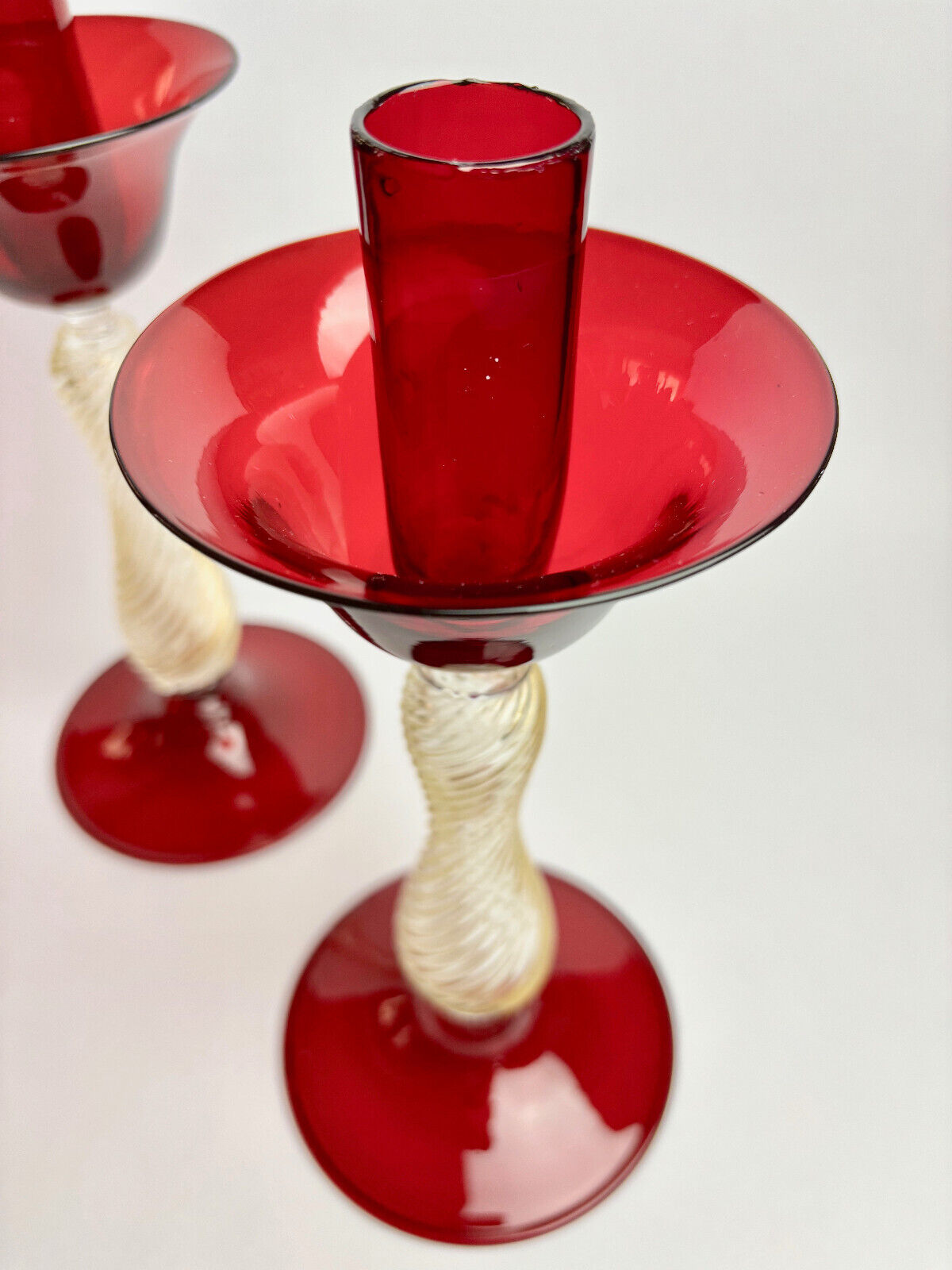 Pair of Italian Venetian Murano Glass Barovier & Toso Red Candlestick Holders