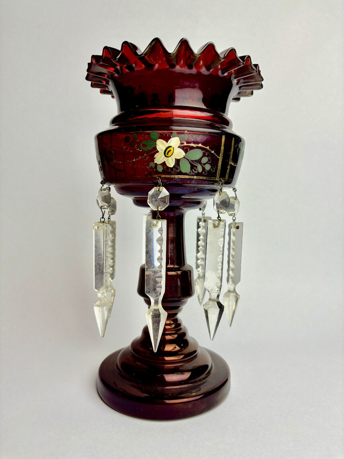 Antique Ruby Cranberry Glass Mantle Lustre with Droppers