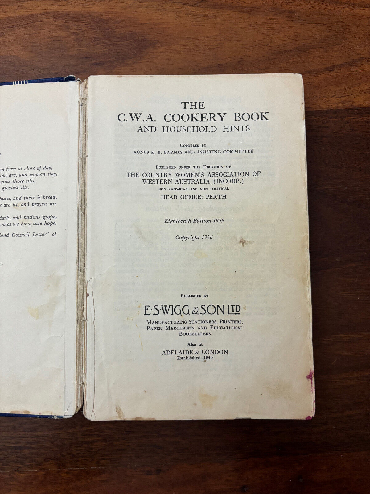 The CWA Cookery Book and Household Hints 1959 19th Edition Hardcover