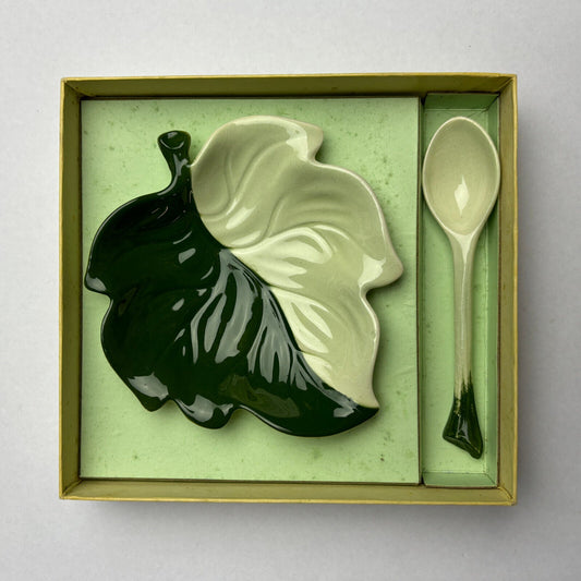 Carlton Ware Australian Design Two Tone Leaf Butter/Jam Dish, Box & Spoon