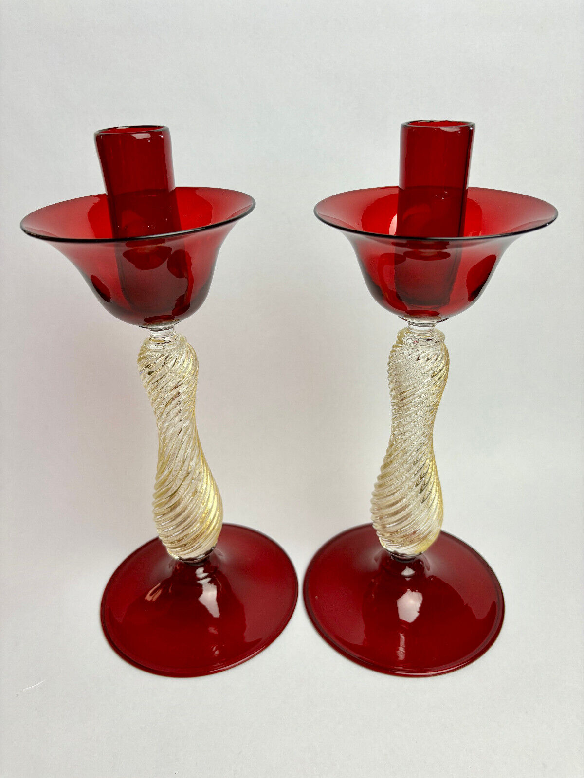 Pair of Italian Venetian Murano Glass Barovier & Toso Red Candlestick Holders