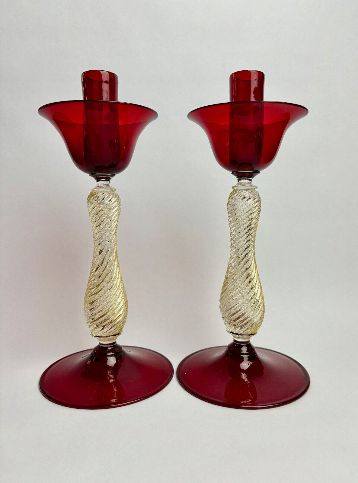 Pair of Italian Venetian Murano Glass Barovier & Toso Red Candlestick Holders
