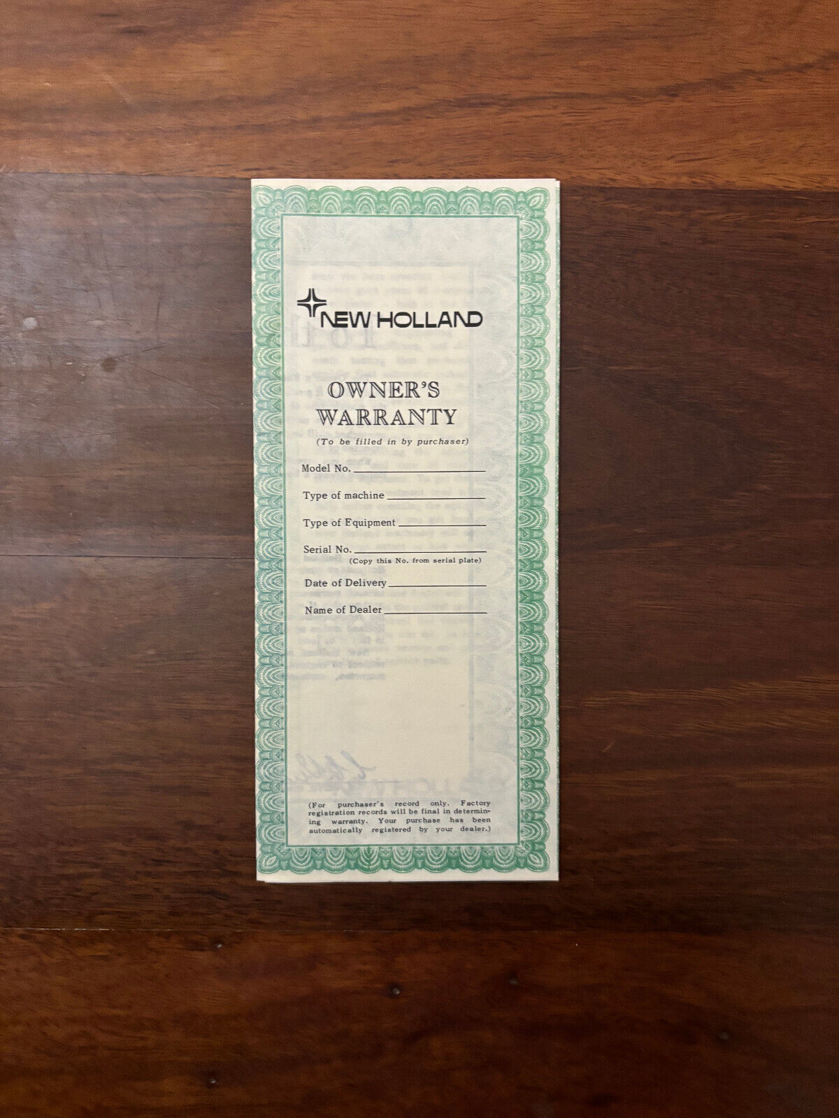 NEW HOLLAND OWNER'S WARRANTY (To be filled purchaser)