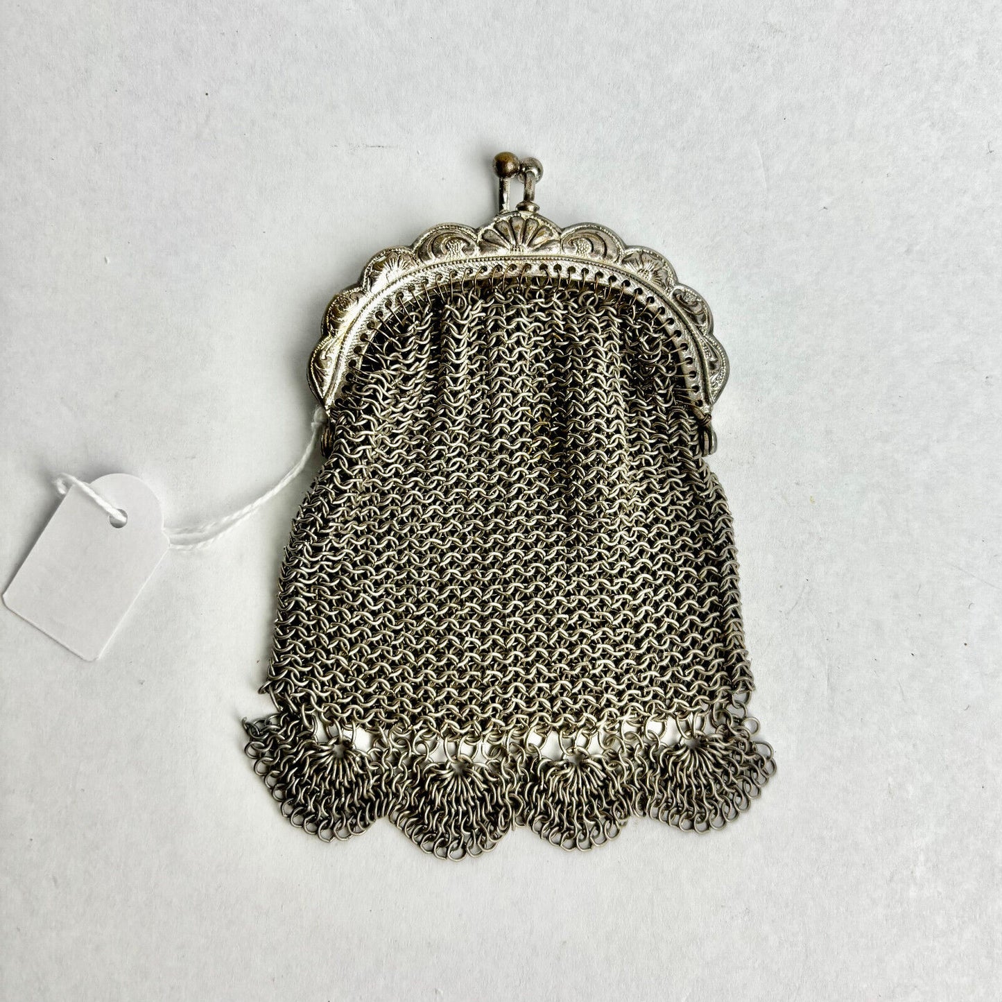 Antique Victorian White Metal Plated Mesh Purse 10.5cm tall