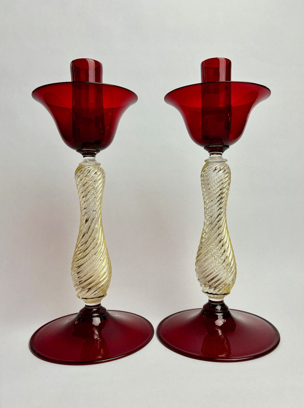Pair of Italian Venetian Murano Glass Barovier & Toso Red Candlestick Holders