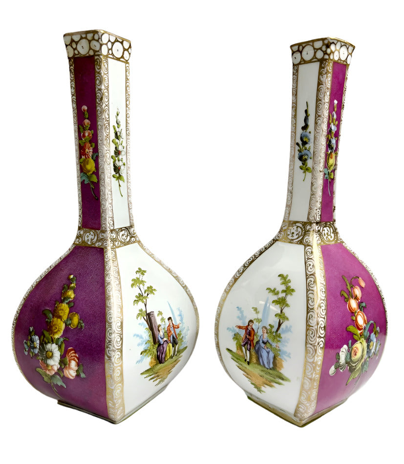 Pair of Antique Dresden Quatrefoil four-sided vases