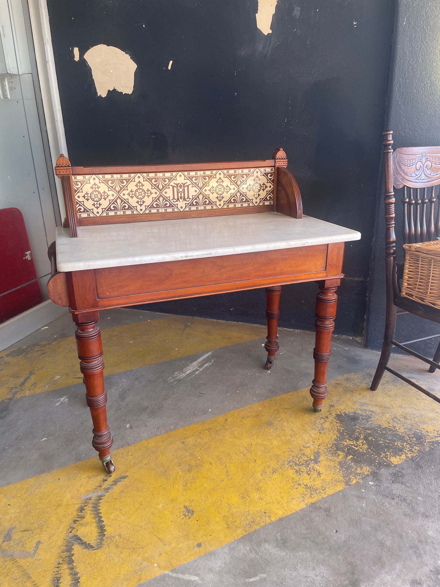 Victorian timber and marble washstand with castors