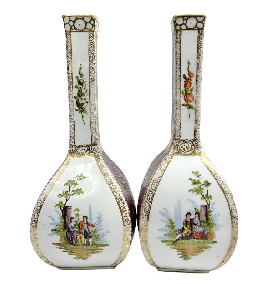 Pair of Antique Dresden Quatrefoil four-sided vases