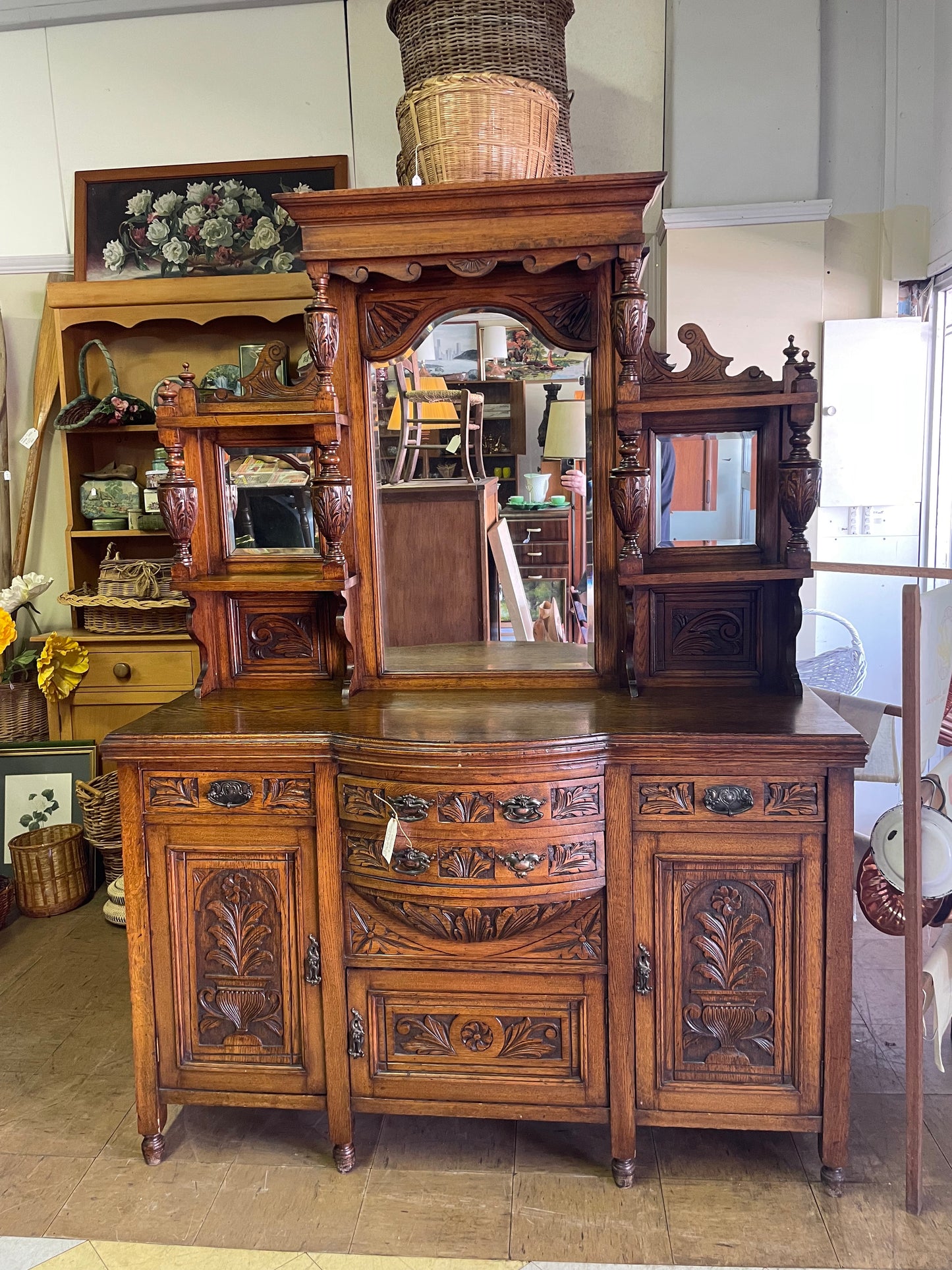 Victorian English Oak Mirror-back Bowfront Sideboard