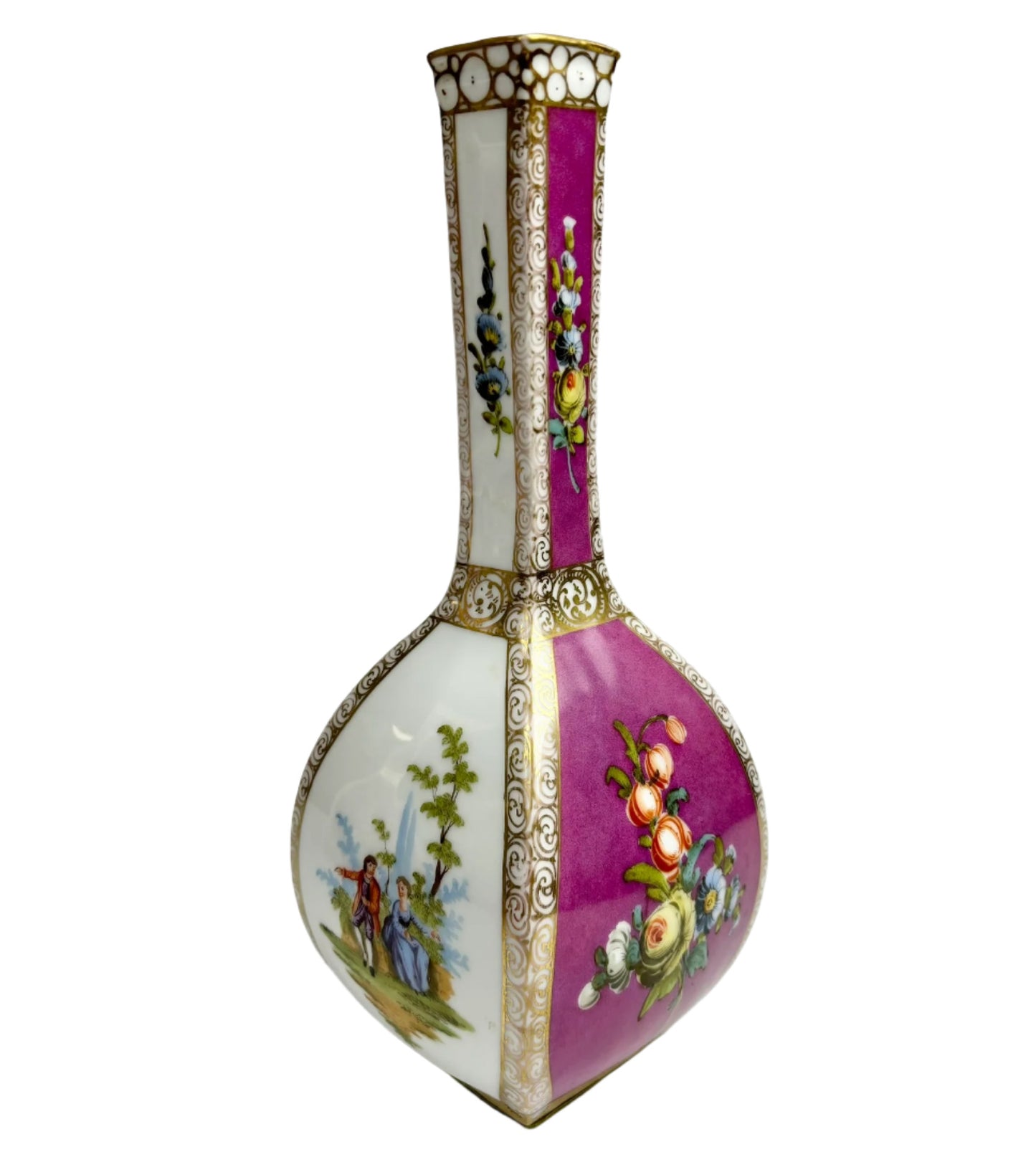 Pair of Antique Dresden Quatrefoil four-sided vases