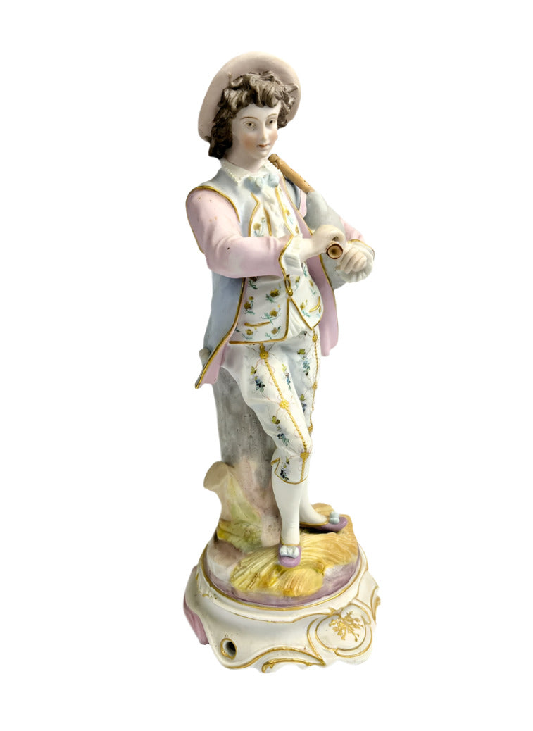Antique Bisque Porcelain Shepherd Figure with Bagpipes c1900
