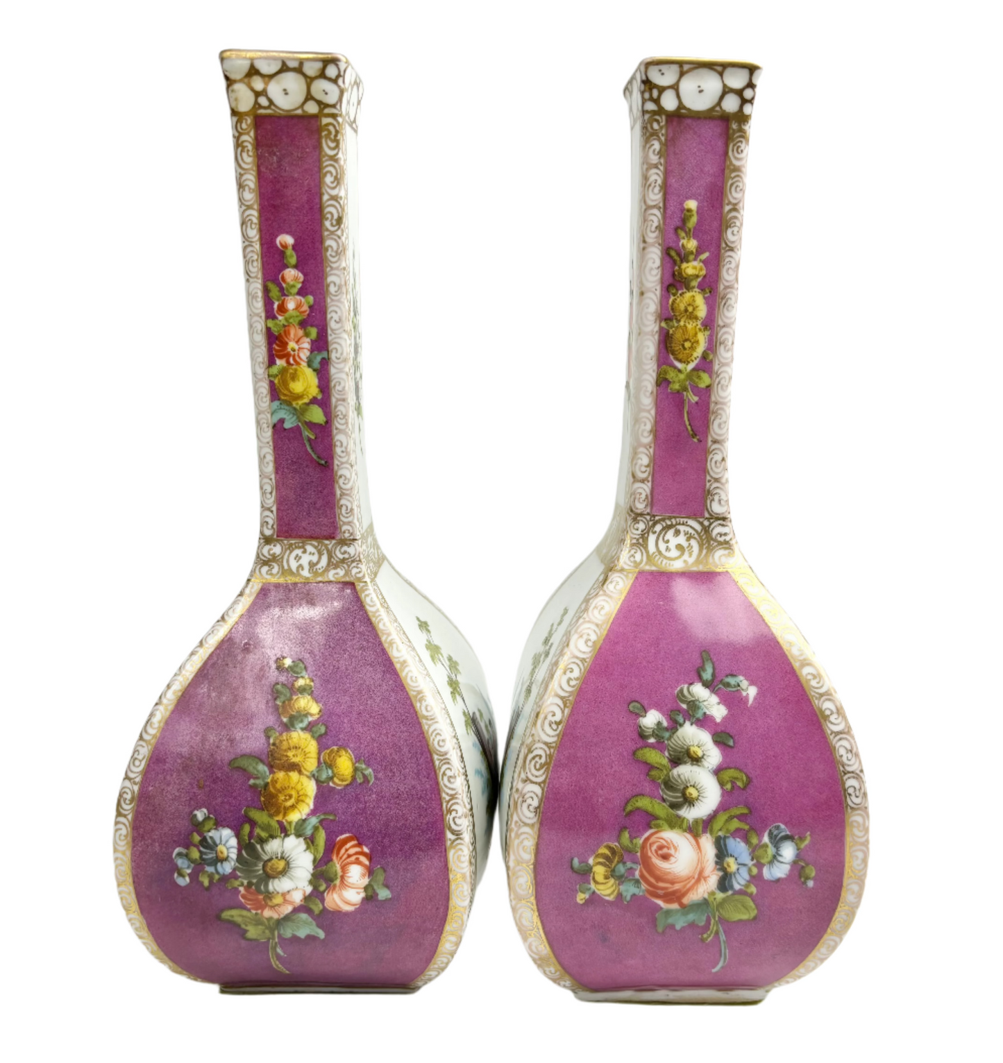 Pair of Antique Dresden Quatrefoil four-sided vases