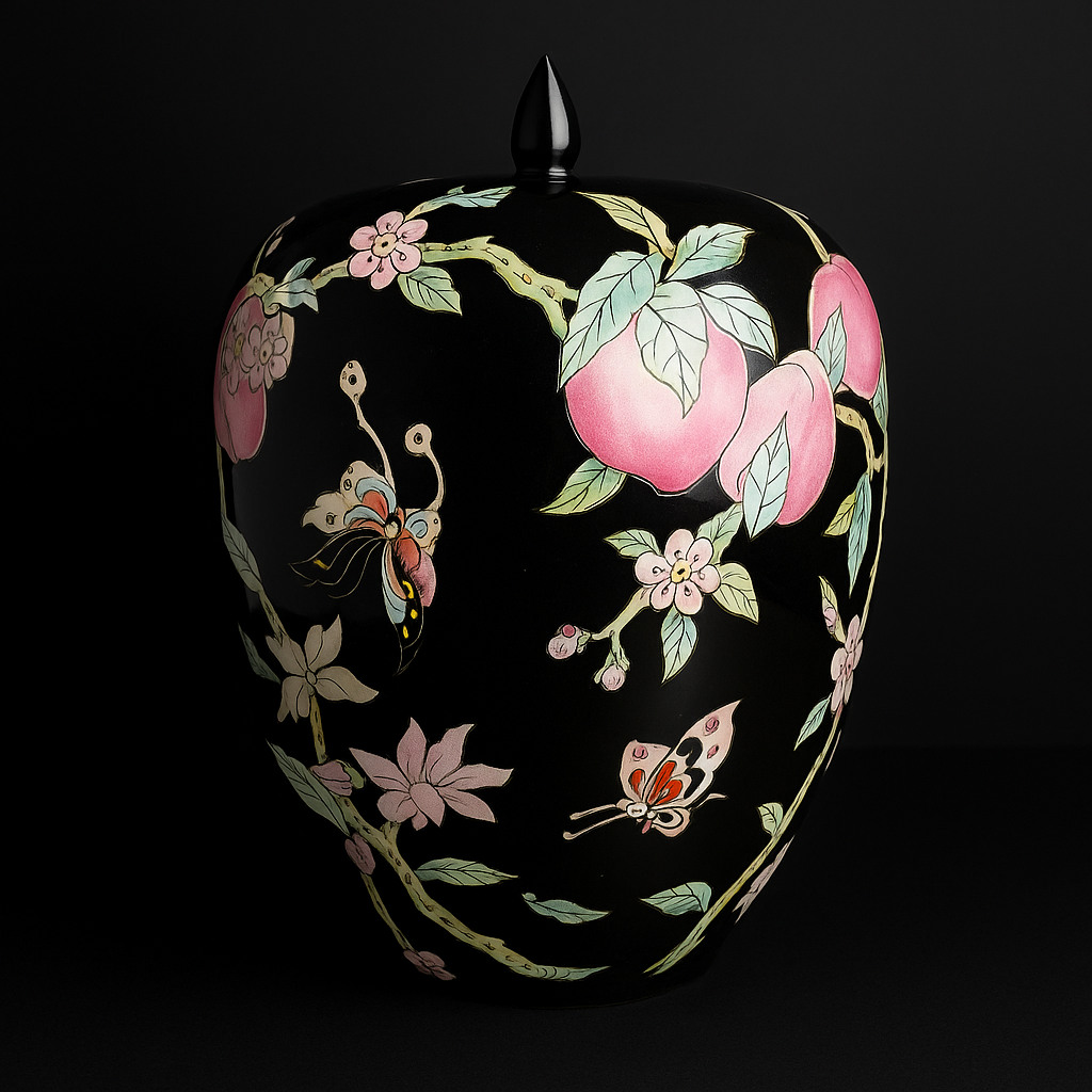 Vintage Japanese Lidded Jar – Peaches, Blossoms & Butterflies – 40cm