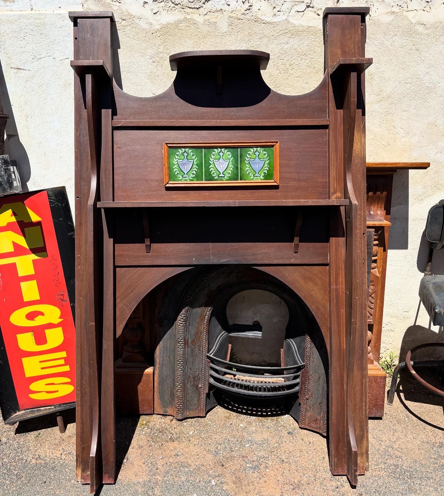 Antique Jarrah Fireplace Surround with Art Nouveau Tile Panel