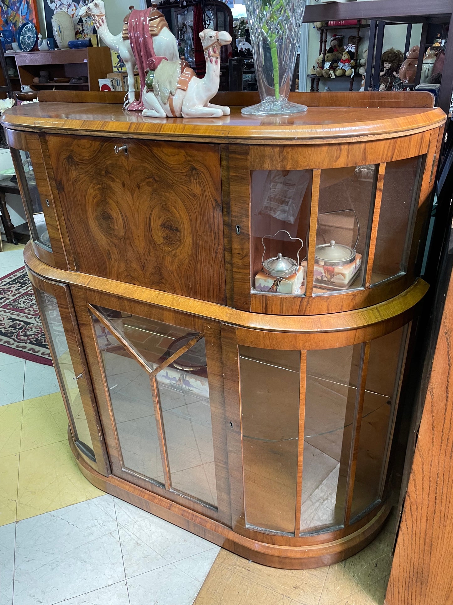Art Deco Walnut veneer display case with bureau