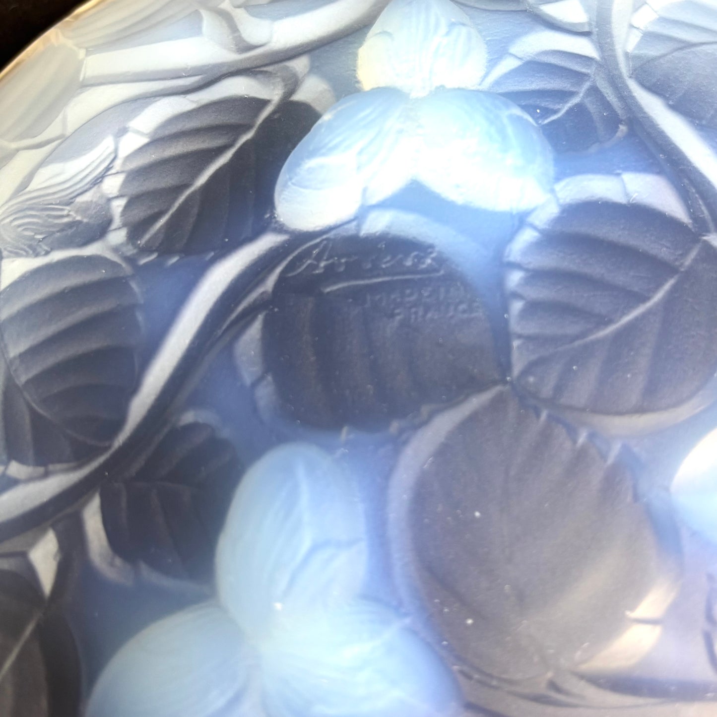 Art Deco Opalescent Glass Bowl with Hazelnut Motif by Arrers