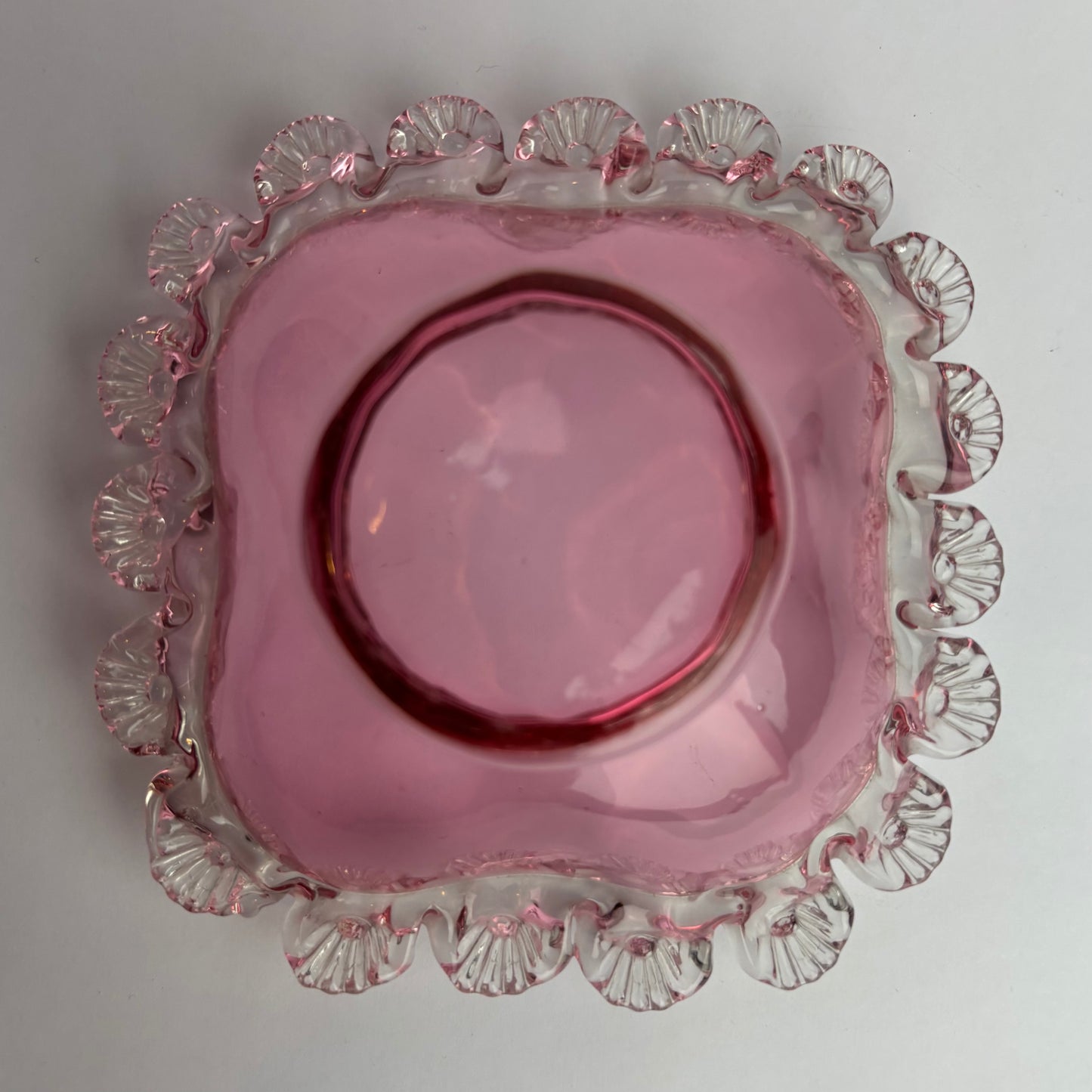 Victorian Cranberry Glass Square Bowl with Applied Clear Rim c. 1880–1900