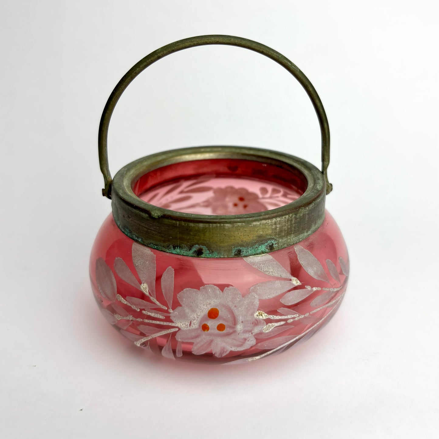 Victorian Cranberry Glass Hanging Bowl with Etched Floral Decoration c. 1890–1910