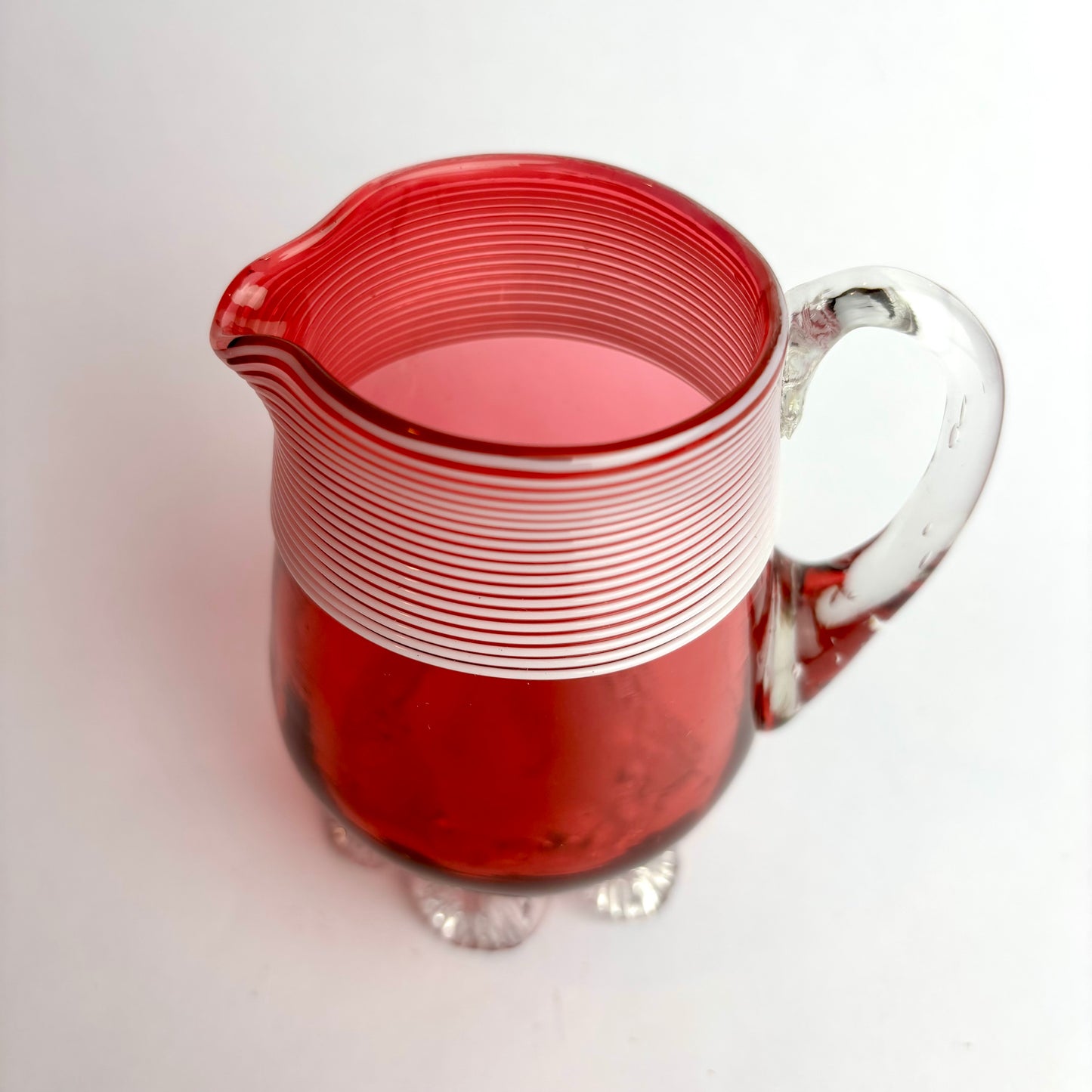 Antique Victorian Cranberry Glass Jug with Threaded Rim England, c. 1880–1900