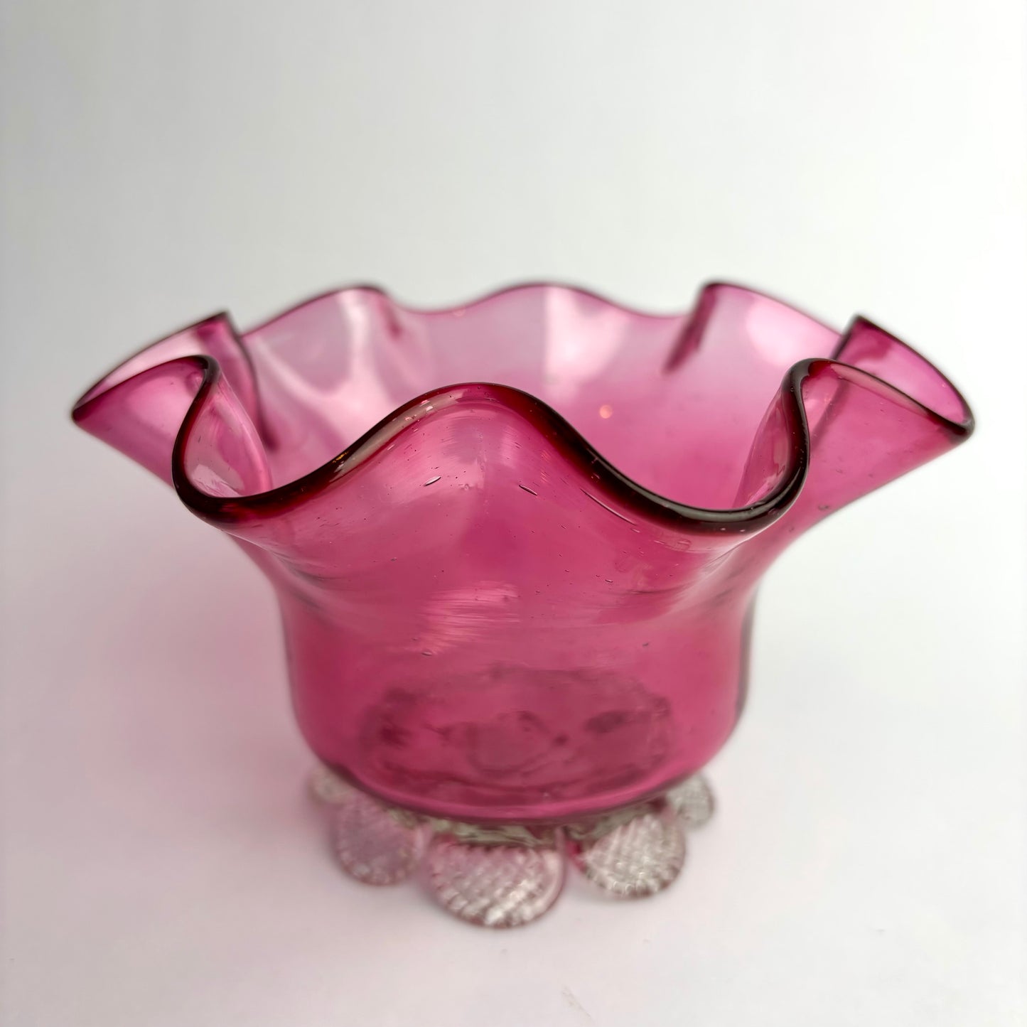 Victorian Cranberry Glass Vase with Applied Clear Glass Feet c. 1880–1900