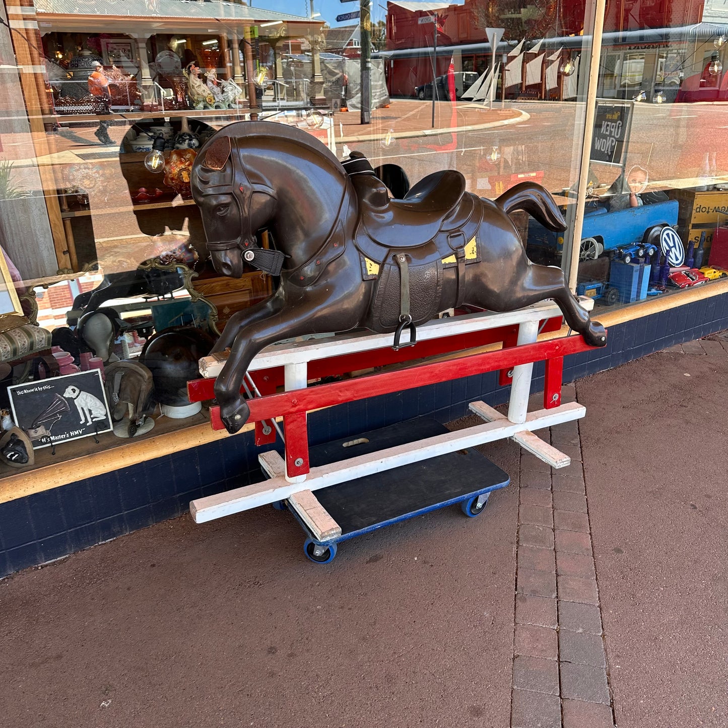 Vintage Galloping Horse on Red & White Stand