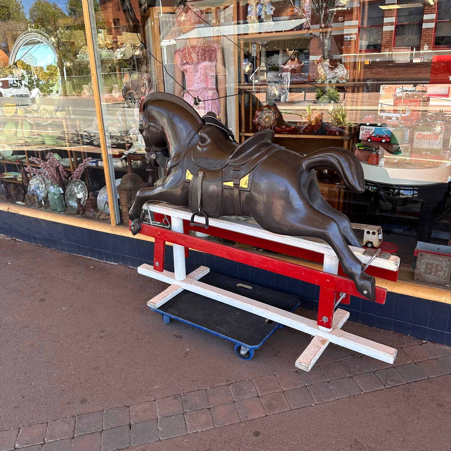 Vintage Galloping Horse on Red & White Stand