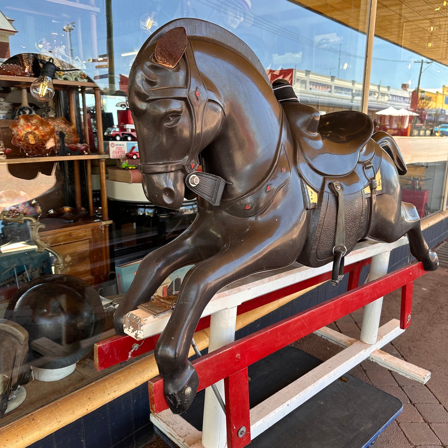 Vintage Galloping Horse on Red & White Stand