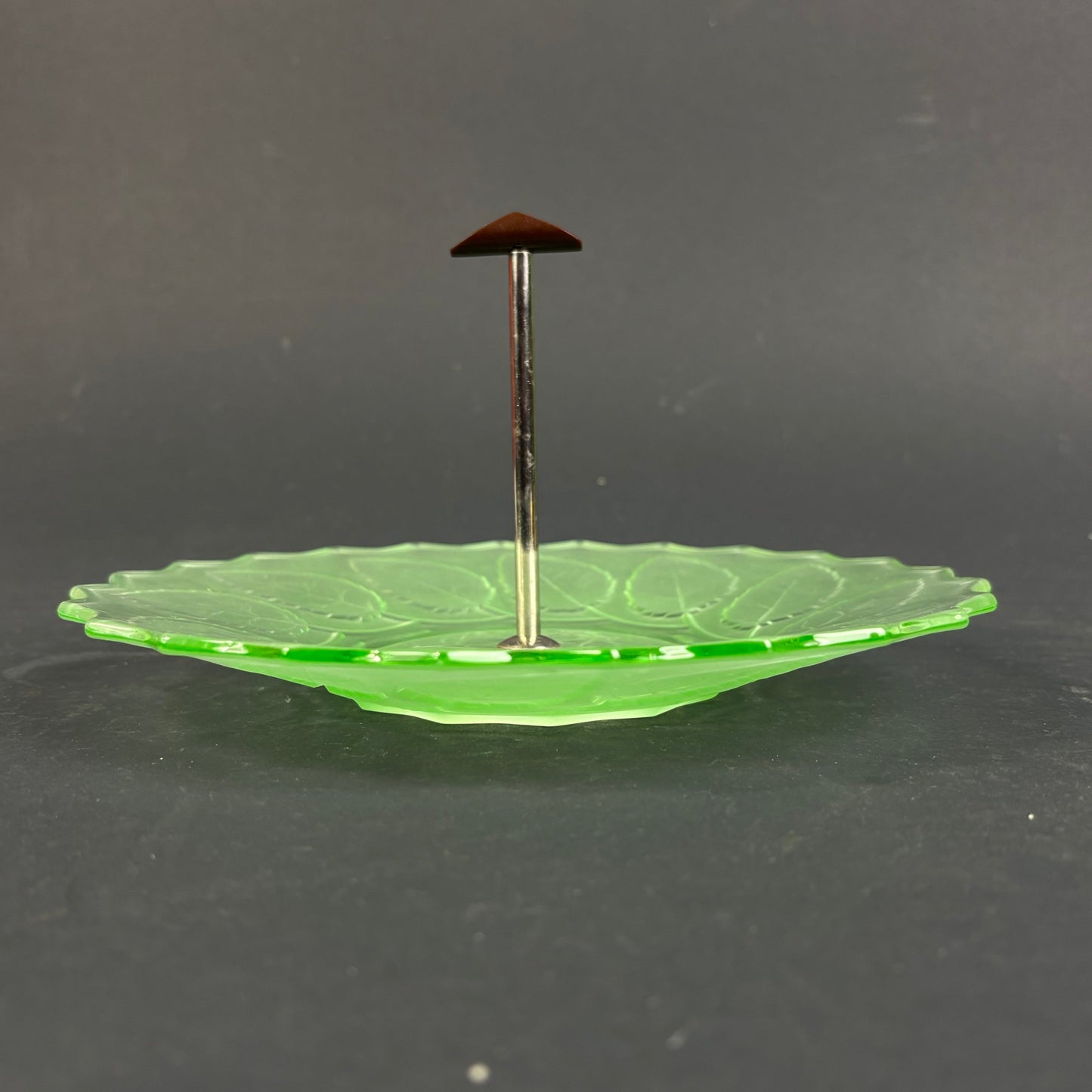 Vintage Uranium Glass Tidbit Tray with Bakelite Handle