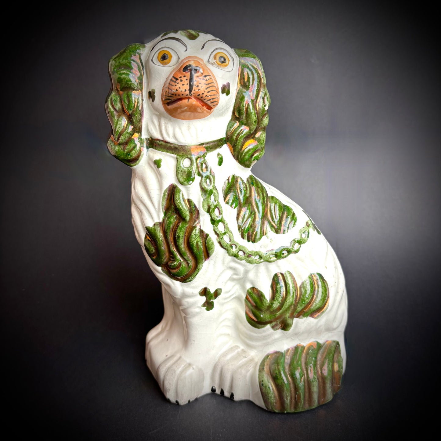 Pair of antique Staffordshire Green Lustre Spaniels