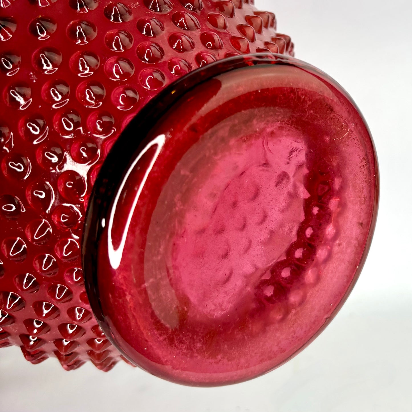 Fenton Cranberry Opalescent Hobnail Glass Vase, Ruffled Rim, c. Mid-20th Century