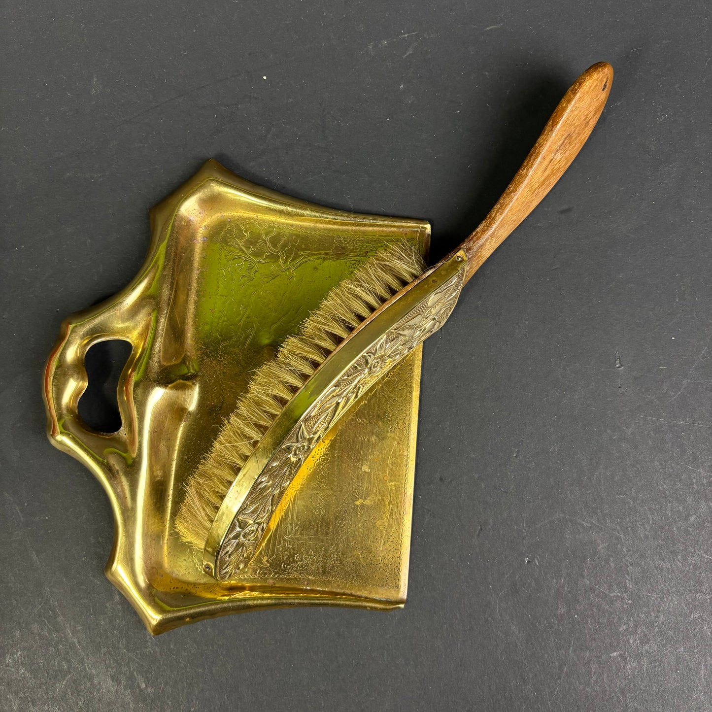 Vintage Art Nouveau Brass Crumb Tray & Brush Set (c.1900–1930)