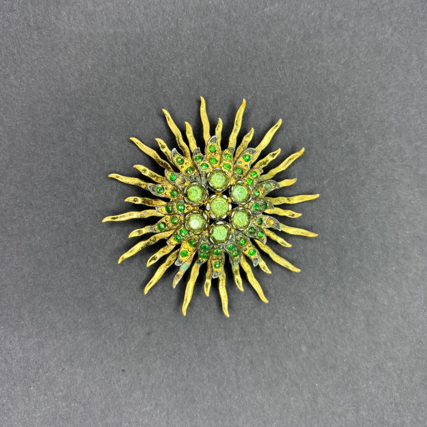 Vintage Atomic Starburst Brooch with Green Rhinestones & UV Glow