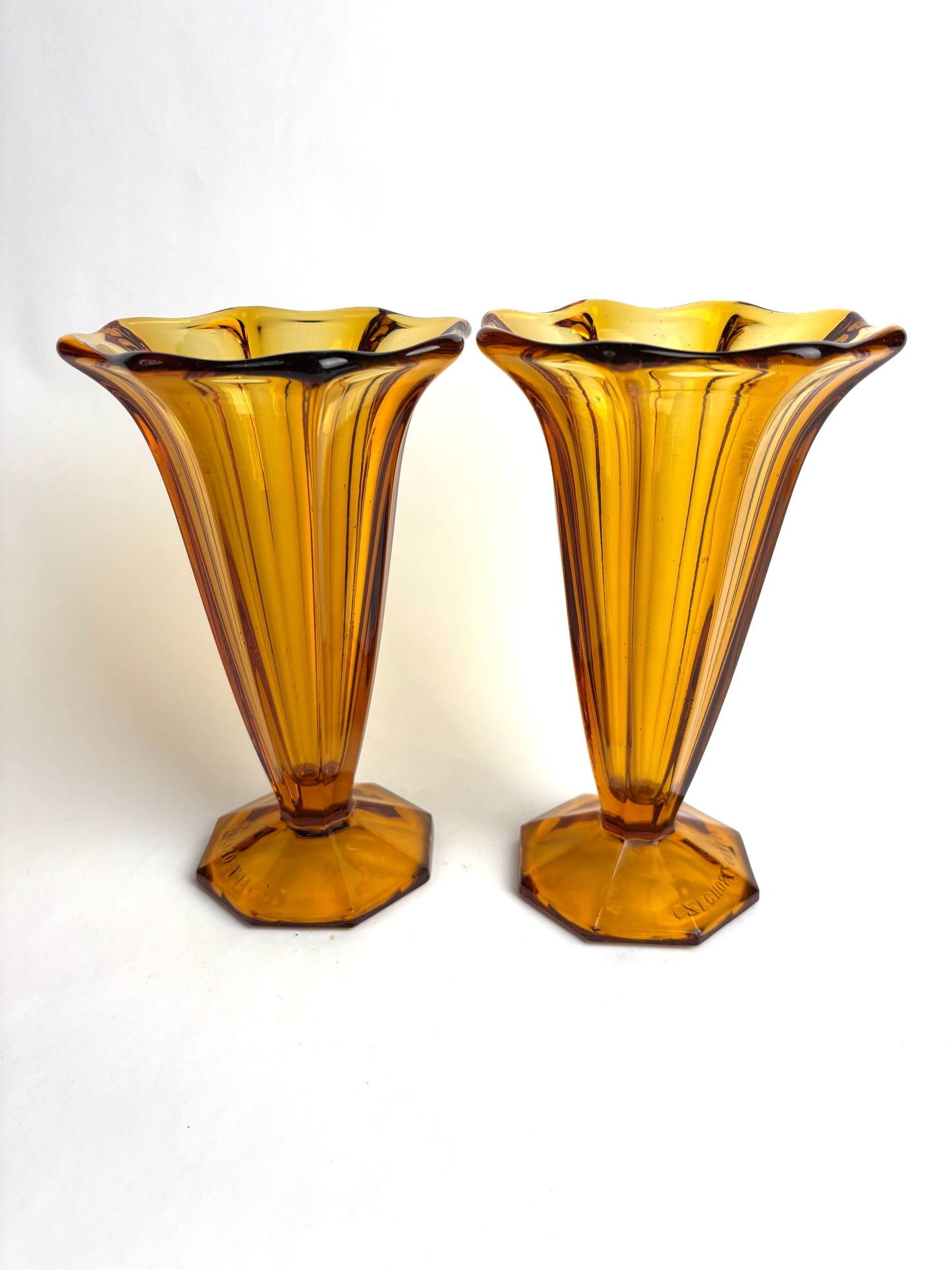 Pair of Czechoslovakian Art Deco Amber Glass Vases